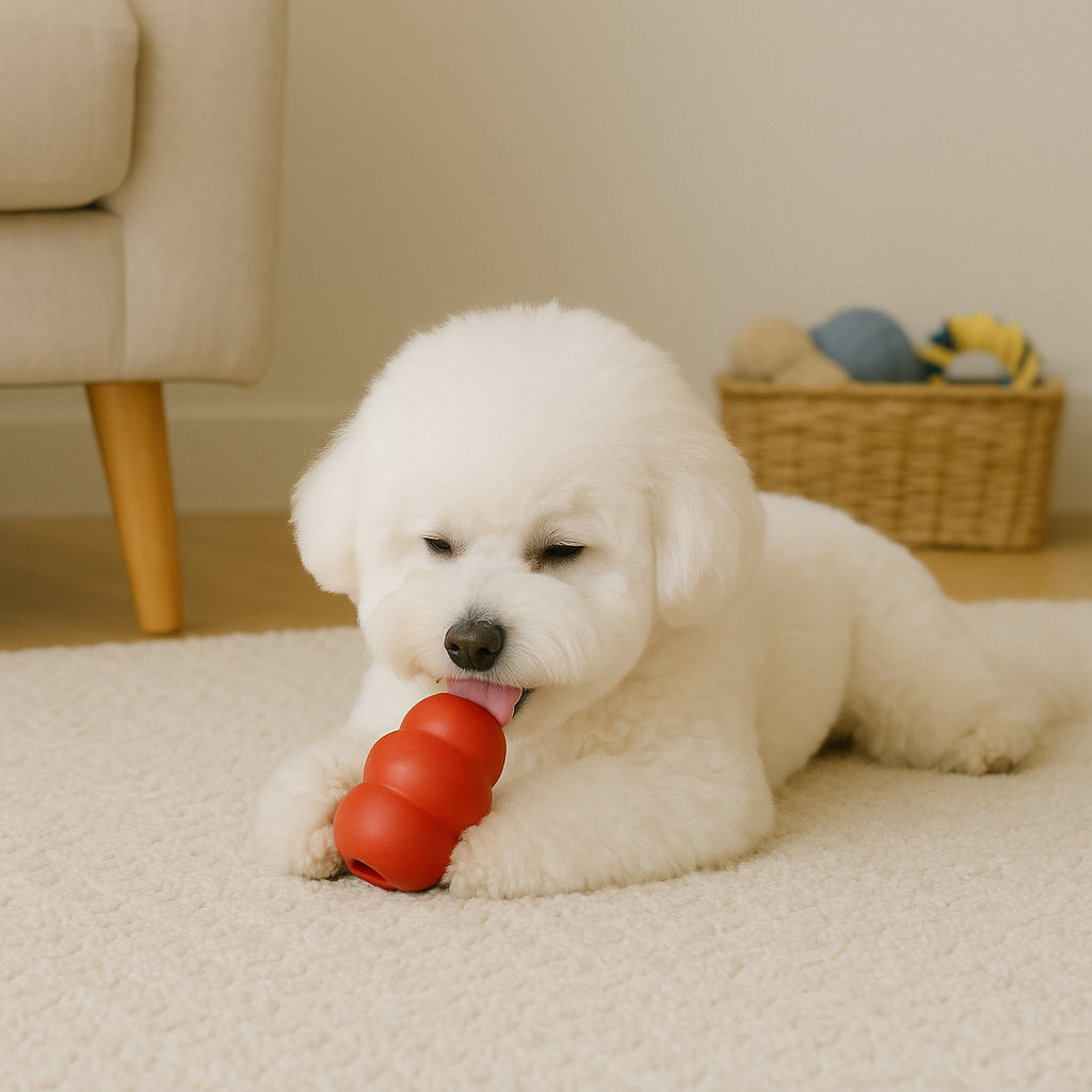 깔끔한 거실, 부드러운 러그, 주변에 다른 장난감들이 바구니에 잘 정리됨. 강아지가 치토이(Chew Toy)**를 편안히 씹으며 혼자만의 시간을 보내고 있는 모습