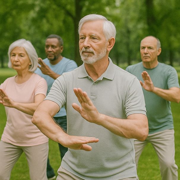 푸른 공원에서 태극권을 수련 중인 네 명의 노인들