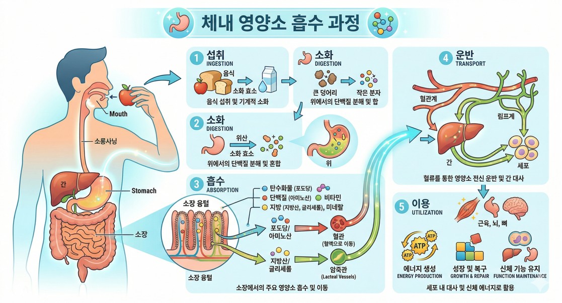 체내 흡수 과정을 보여주는 깔끔한 인포그래픽 디자인