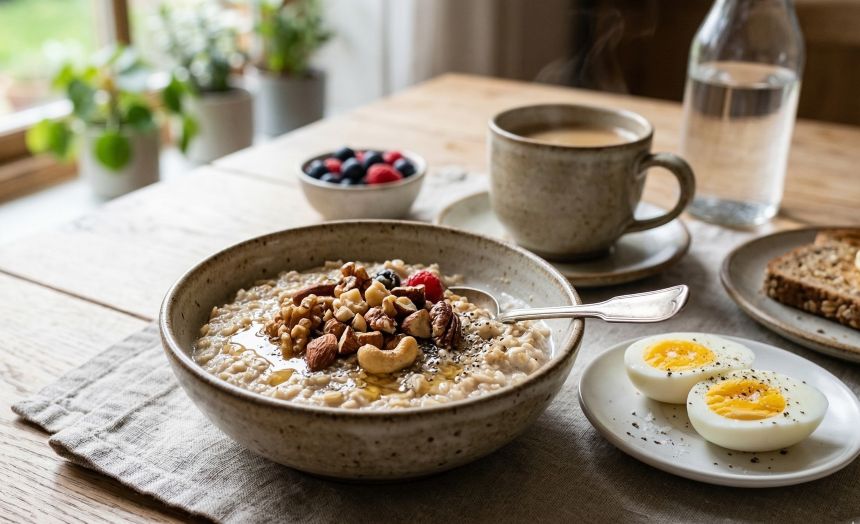 혈당 조절에 도움 되는 오트밀과 삶은 계란 아침 식사