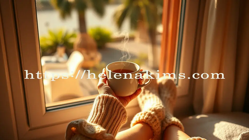 손에는 따뜻한 차 한잔이, 발에는 양말을 신은 모습.