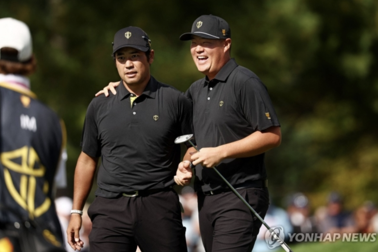 프레지던츠컵 둘째날 경기 완승을 거둔 한국선수들 (왼)마쓰야마히데키와 임성재, (우)5전전승의 마지막을 장식한 안병훈