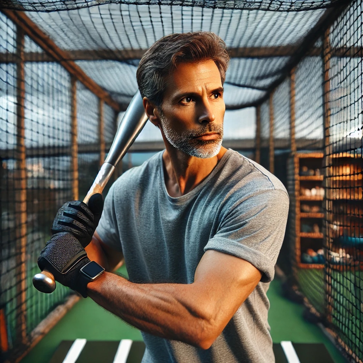 야구 연습장에서 배트를 휘두르는 사회인 남성