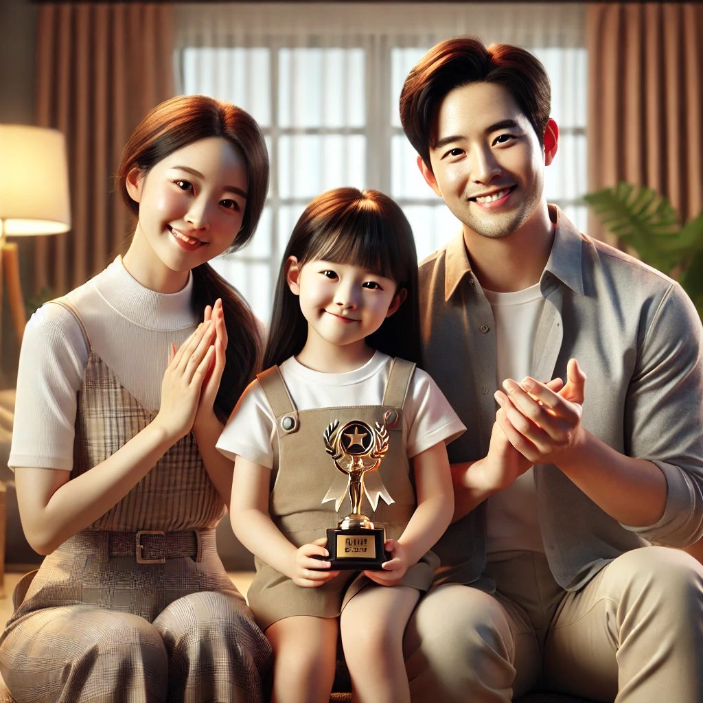 아늑한 거실에서 딸이 학교 행사에서 받은 작은 트로피를 자랑하며 부모가 따뜻하게 축하하는 가족