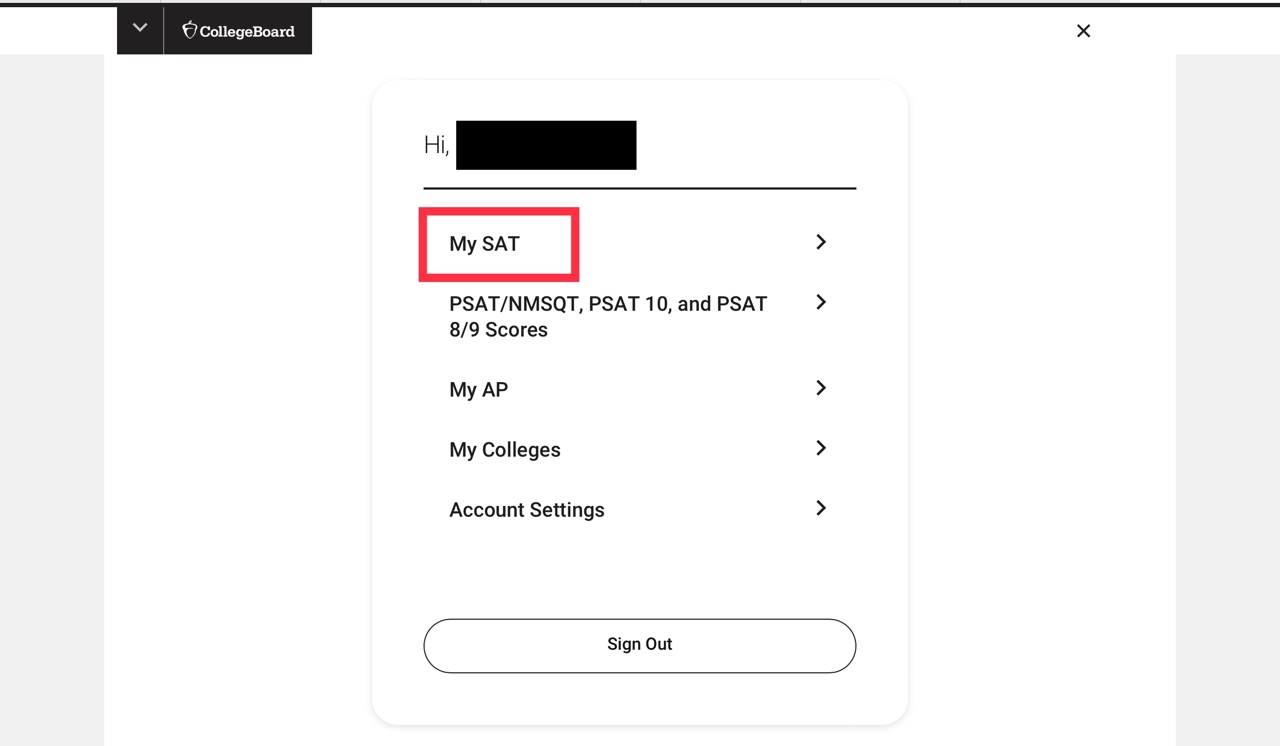 Digital SAT - 컬리지보드에서 Bluebook모의고사 성적 확인하기 위한 메뉴를 설명하는 이미지