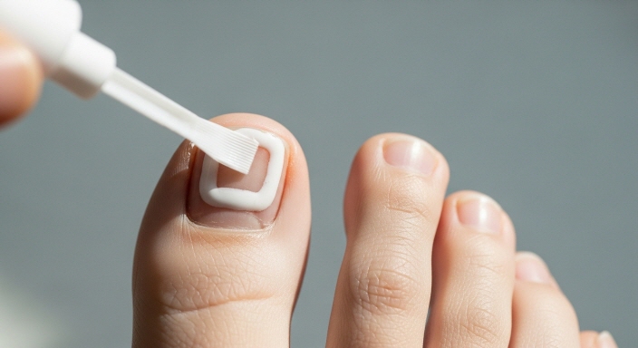 발톱에 라미실 원스를 고르게 바르는 모습