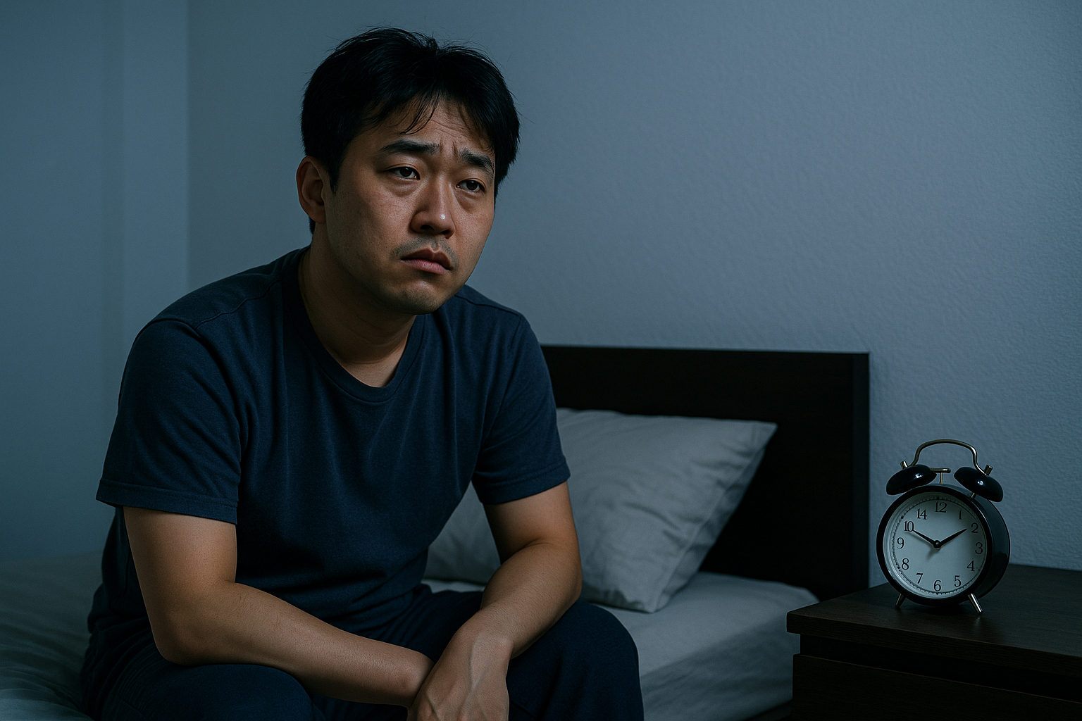 새벽 2시 30분, 침대 옆에 앉아 잠들지 못한 채 피곤한 표정으로 앉아 있는 30대 한국 남성의 실사 사진. 옆 탁상에는 새벽 시간을 가리키는 검은색 자명종 시계가 놓여 있으며, 방 안은 푸른빛 조명으로 새벽의 고요한 분위기를 나타낸다