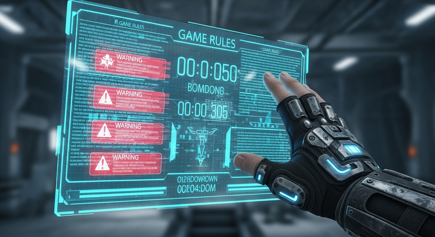 2025년 드라마 '더 러닝 맨' 속 복잡한 게임 규칙과 긴박한 카운트다운 타이머가 표시된 홀로그램 인터페이스. 긴장감 넘치는 분위기를 강조합니다.