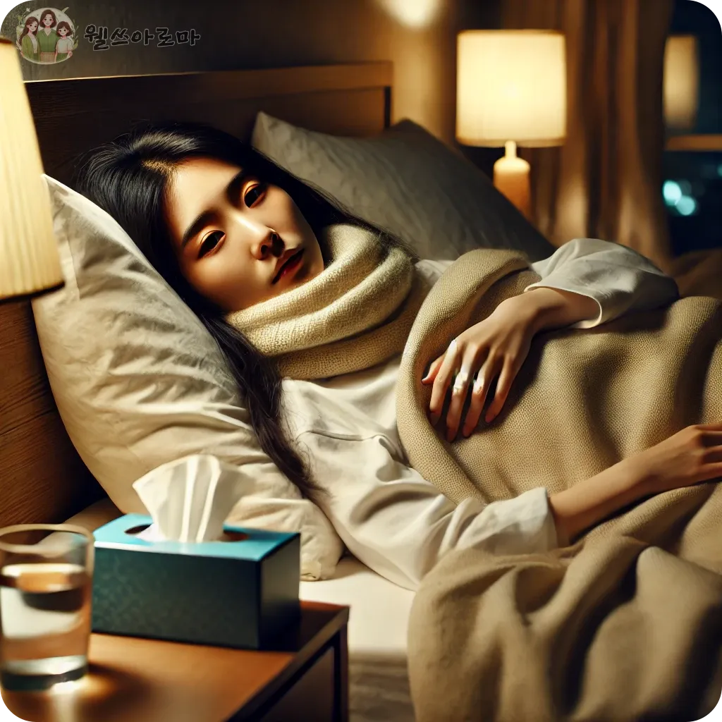 아파보이는여성-침대에누워있음