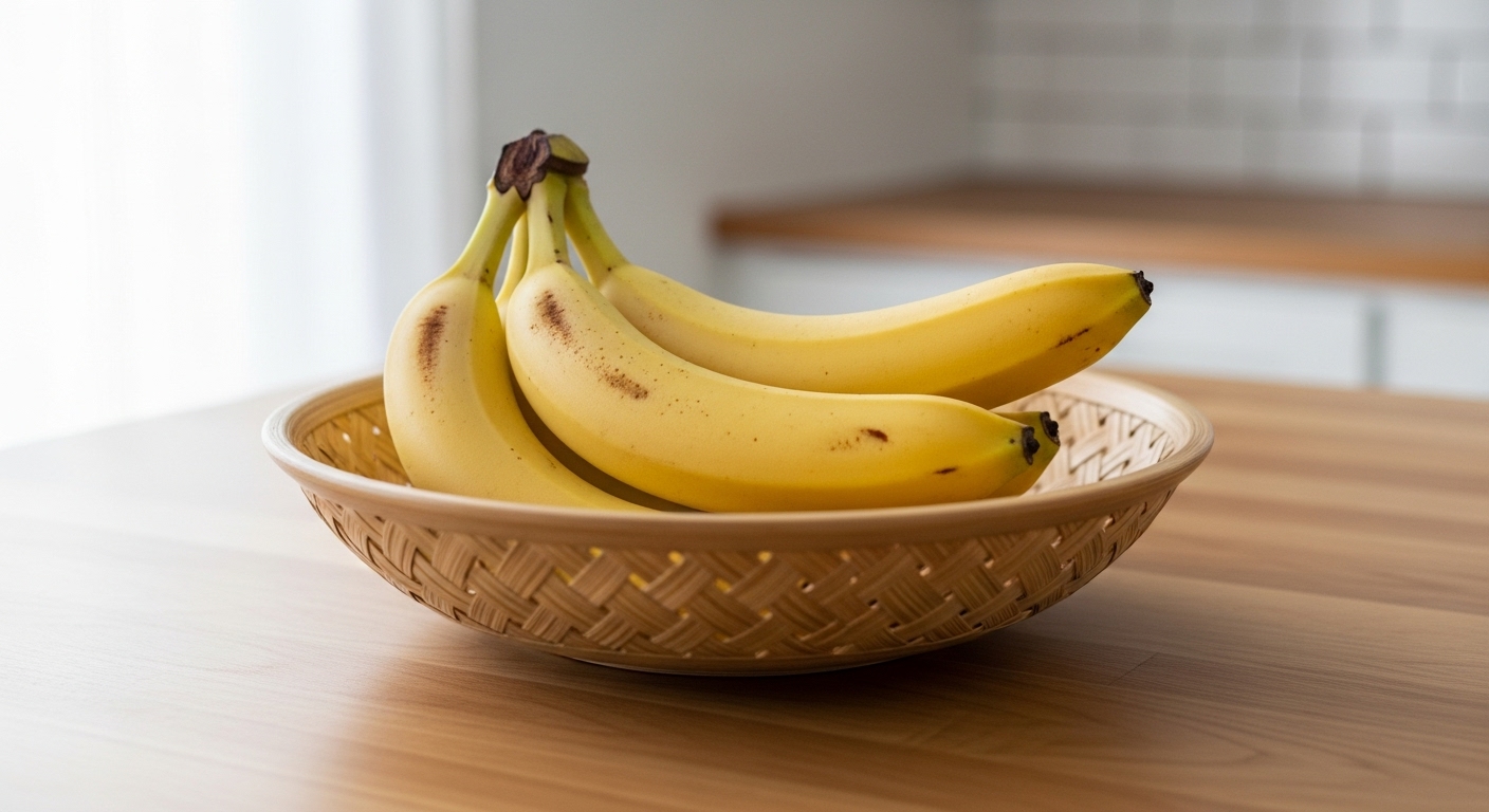 공기 순환이 잘 되는 나무 바구니에 담겨 보관되는 바나나의 모습. 적절한 습도와 통풍을 유지하여 신선도를 지키는 방법.