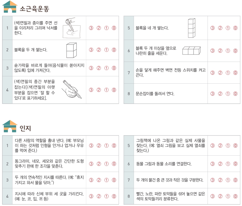 소근육운동과 인지능력 발달검사지 항목 16개