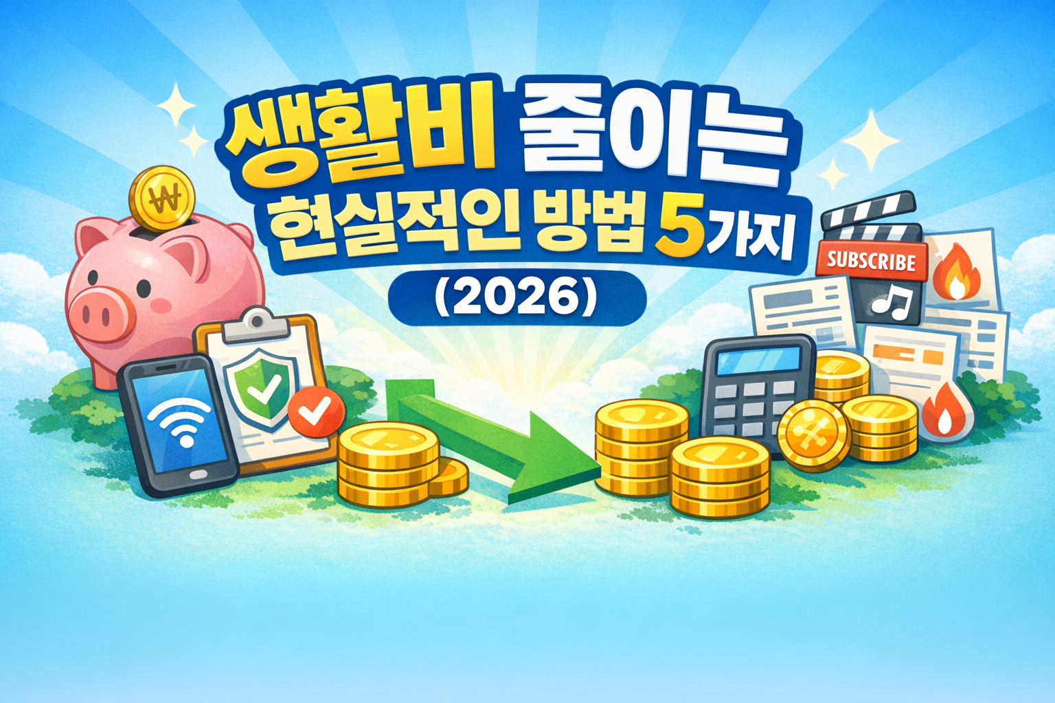 2026년 생활비 줄이는 현실적인 방법 5가지 인포그래픽, 통신비 보험료 구독서비스 공공요금 정부지원 점검 내용 정리 이미지