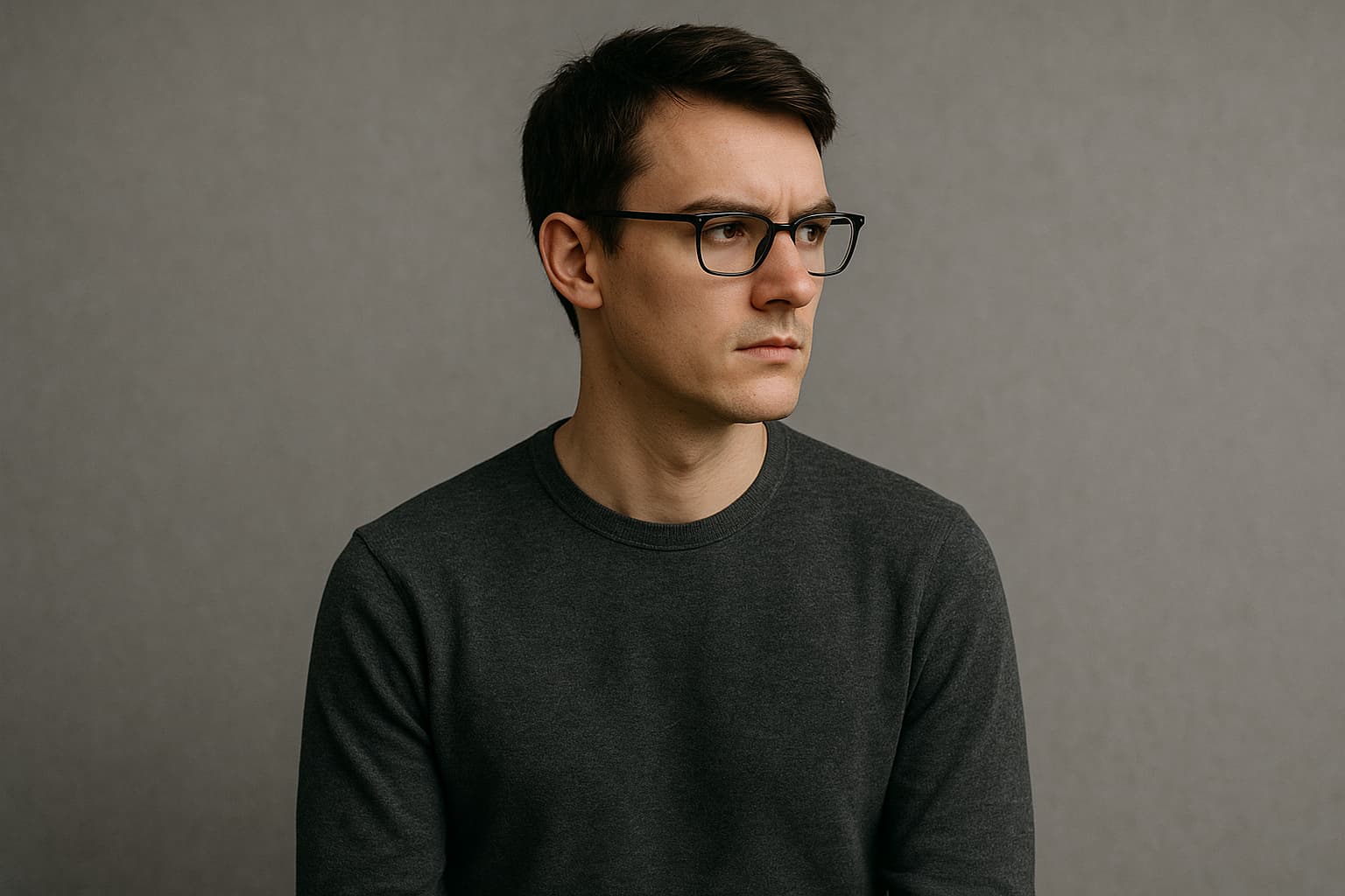 회색 배경 앞에서 깊은 시선으로 옆을 바라보는 INTP 남성