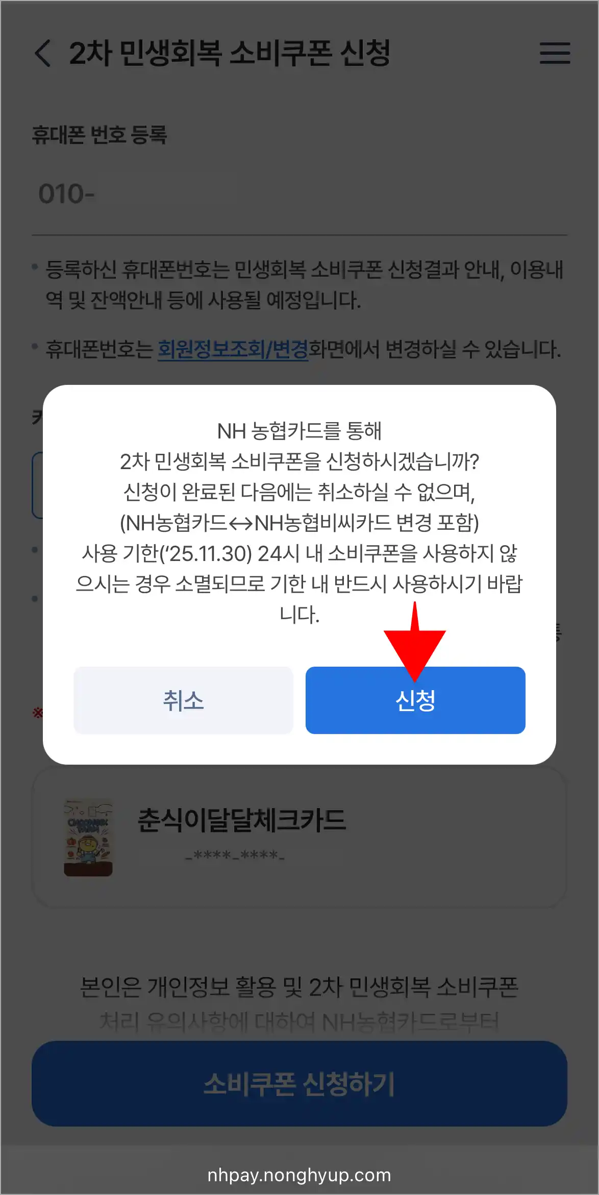 화면에 표시된 소비쿠폰 신청 안내 메시지의 '신청'을 선택