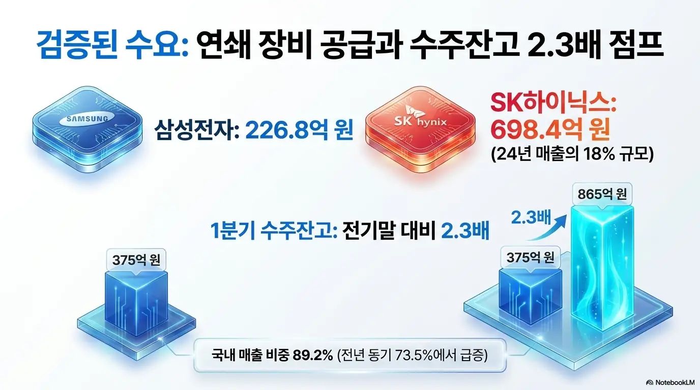 케이씨텍 주가 전망: 케이씨텍이 2026년 삼성전자 226.8억 원, SK하이닉스 698.4억 원 규모의 장비 공급계약을 잇따라 확정하고 1분기 수주잔고가 전기말 대비 2.3배인 865억 원으로 늘어난 흐름을 보여주는 인포그래픽. 검증된 수요가 케이씨텍 실적 가시성을 높였음을 시각적으로 설명함.