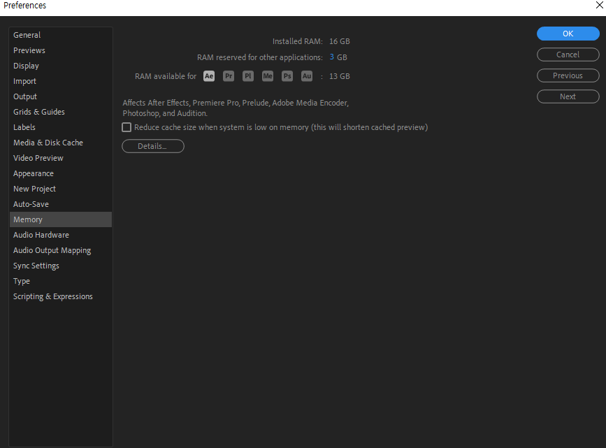 에펙 메모리 옵션창