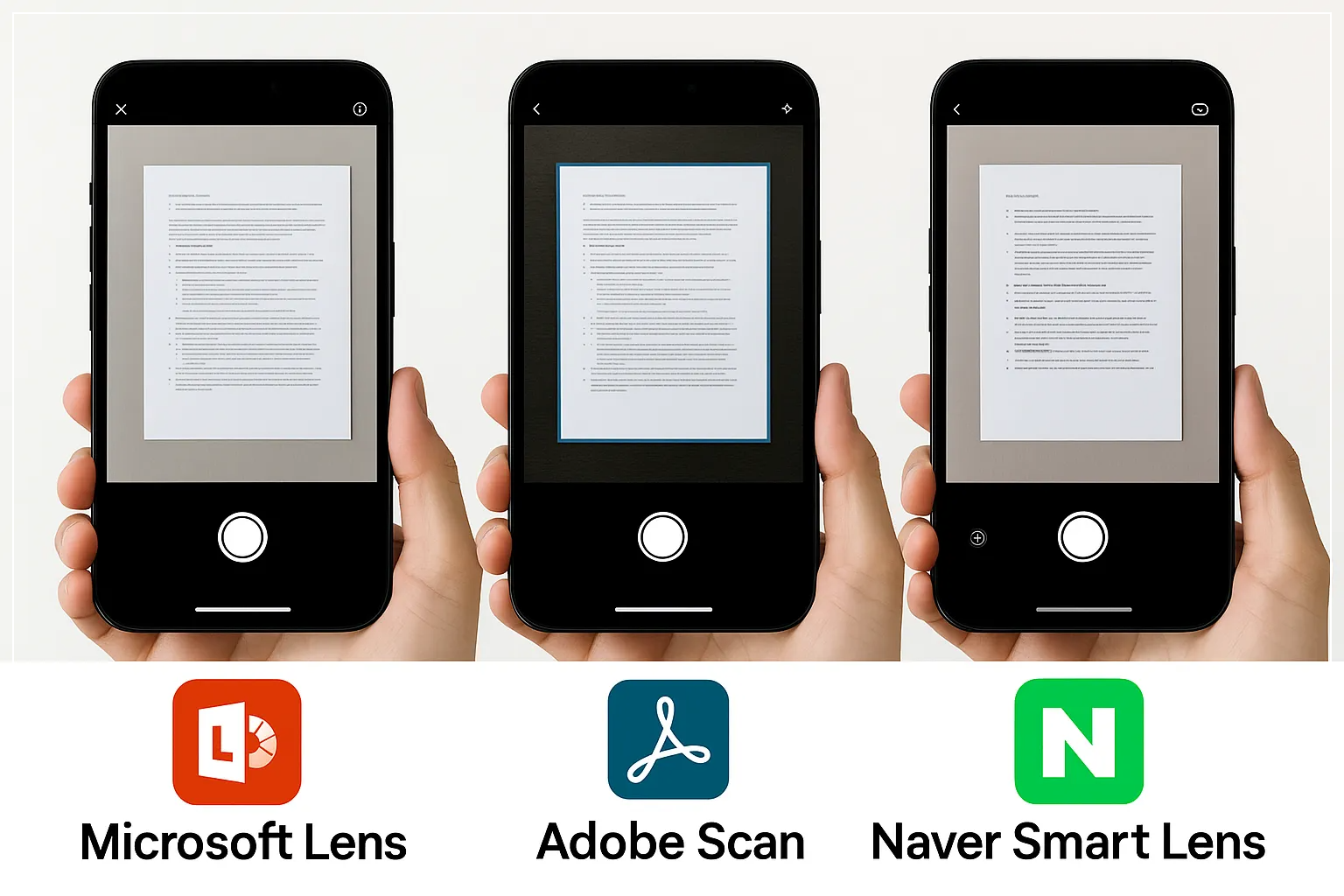 3가지 문서 스캔 앱 비교하는 이미지