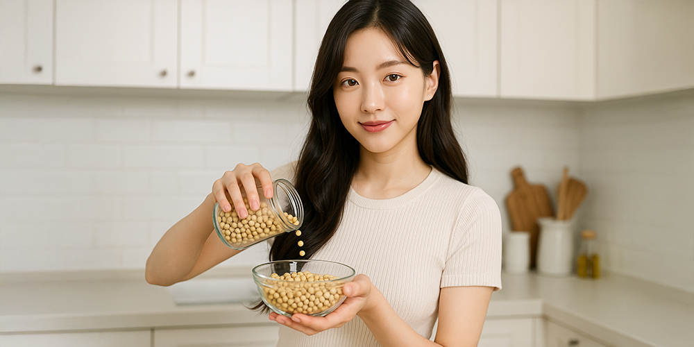 콩을 따르고 있는 사람