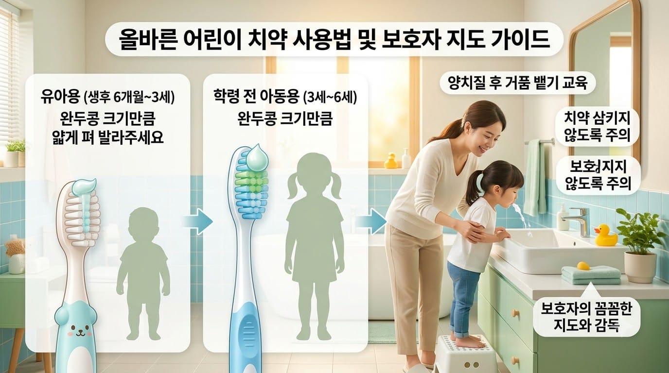 쌀알 크기와 완두콩 크기의 어린이 치약 사용량 및 보호자 양치 지도하는 이미지