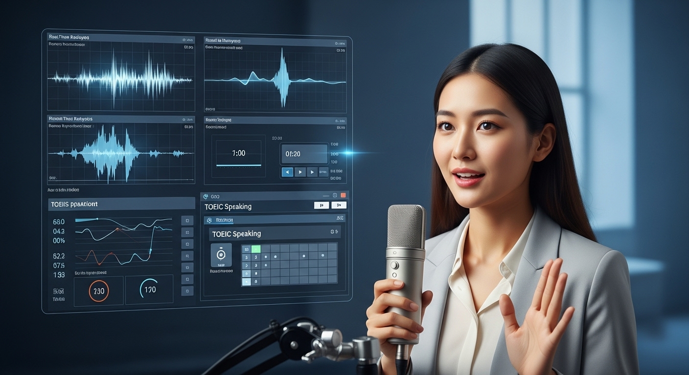 마이크에 대고 자신감 있게 말하는 사람과 디지털 토익스피킹 시험 화면, 유창한 영어 말하기 능력과 평가를 상징함