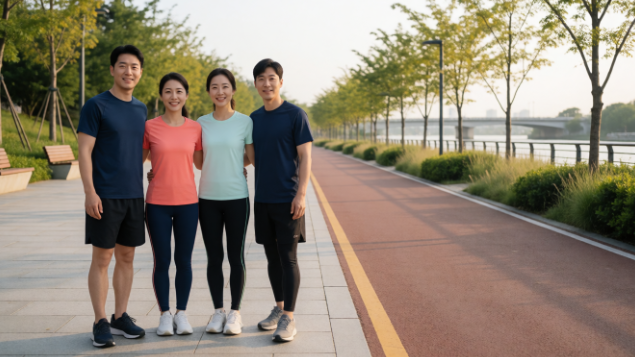 보행로 밖의 넓은 공간에서 러닝크루 참가자들이 단체 사진을 찍는 모습