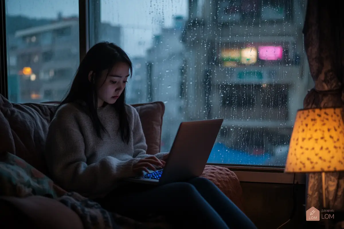 실내에서-노트북으로-태풍정보를-보는-한국여자01