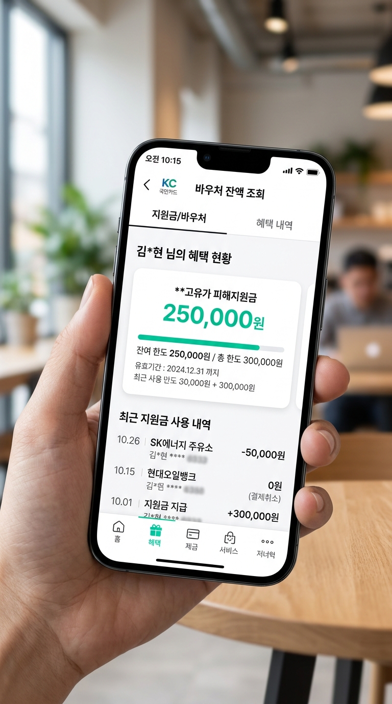 결제 전 필수 확인! 카드사 앱에서 지원금 잔액 조회하는 화면 캡처