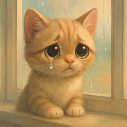 슬픈 표정으로 창밖을 바라보는 귀여운 고양이, 큰 눈에 눈물을 머금고 주인을 기다리는 모습