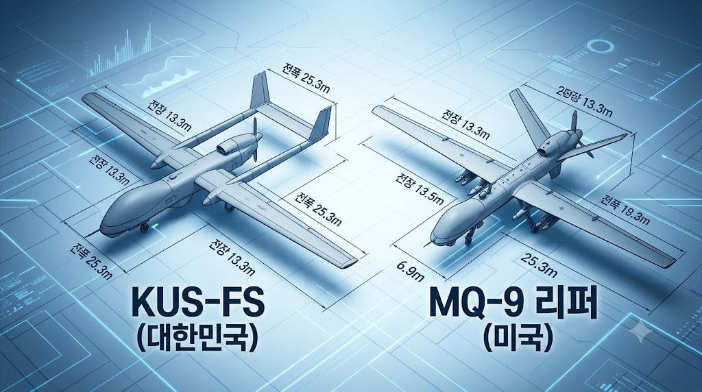 KUS-FS와 MQ-9 리퍼의 체급 비교 그래픽