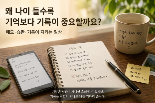 왜 나이 들수록 기억보다 기록이 중요할까요? 메모 습관과 기록의 중요성을 보여주는 노트와 휴대폰