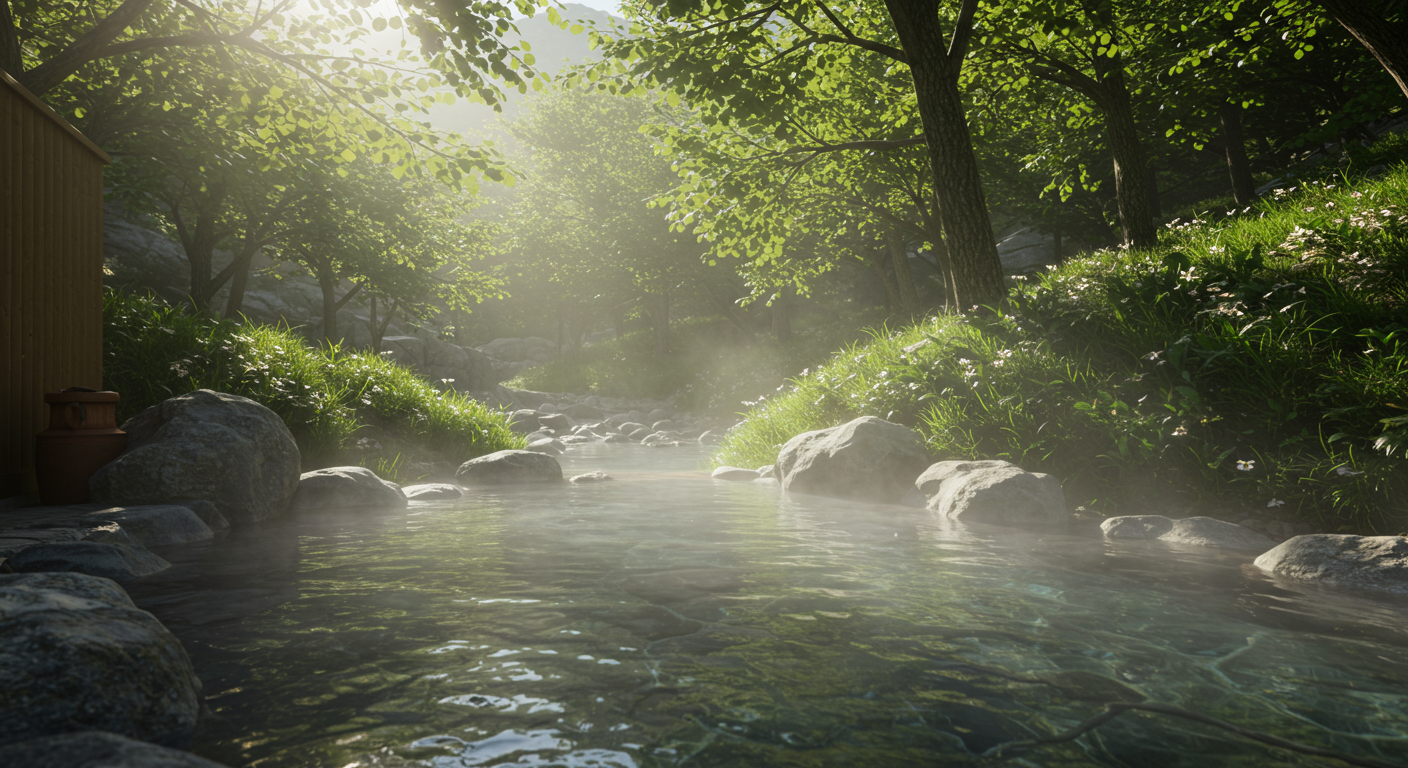 강원도 숲속 계곡에 위치한 야외 스파의 모습