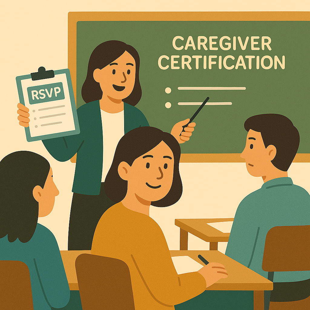 교실에서 요양보호사 이론 교육을 받고 있는 성인 학습자들 모습. 교사가 칠판 앞에서 교육 내용을 설명하고 있으며, 수강생들이 책상에 앉아 집중하며 강의를 듣고 있음. 교사는 RSVP라고 적힌 서류를 들고 있으며, 칠판에는 ‘Caregiver Certification’ 문구가 표시되어 있음