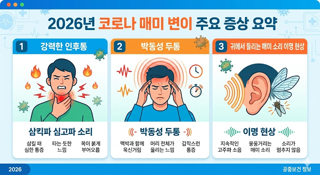 2026년 코로나 매미 변이 주요 증상 요약. 강력한 인후통, 박동성 두통, 귀에서 들리는 매미 소리 이명 현상을 설명하는 인포그래픽.