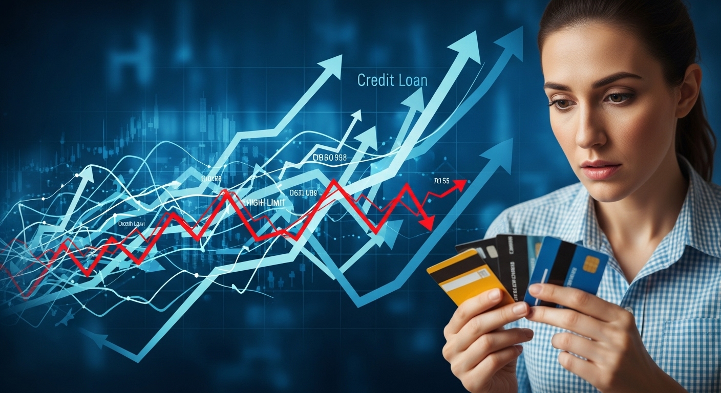 신용카드를 들고 복잡한 금융 그래프를 보는 사람의 모습, 높은 한도와 함께 따르는 신용대출의 위험성을 상징.