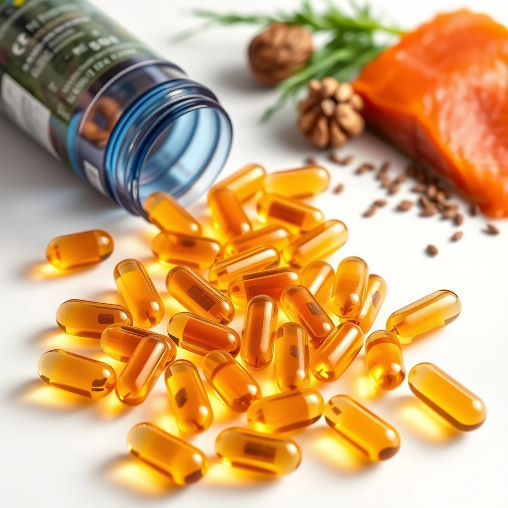 오메가3 병에서 캡슐이 쏟아져 나온 모습