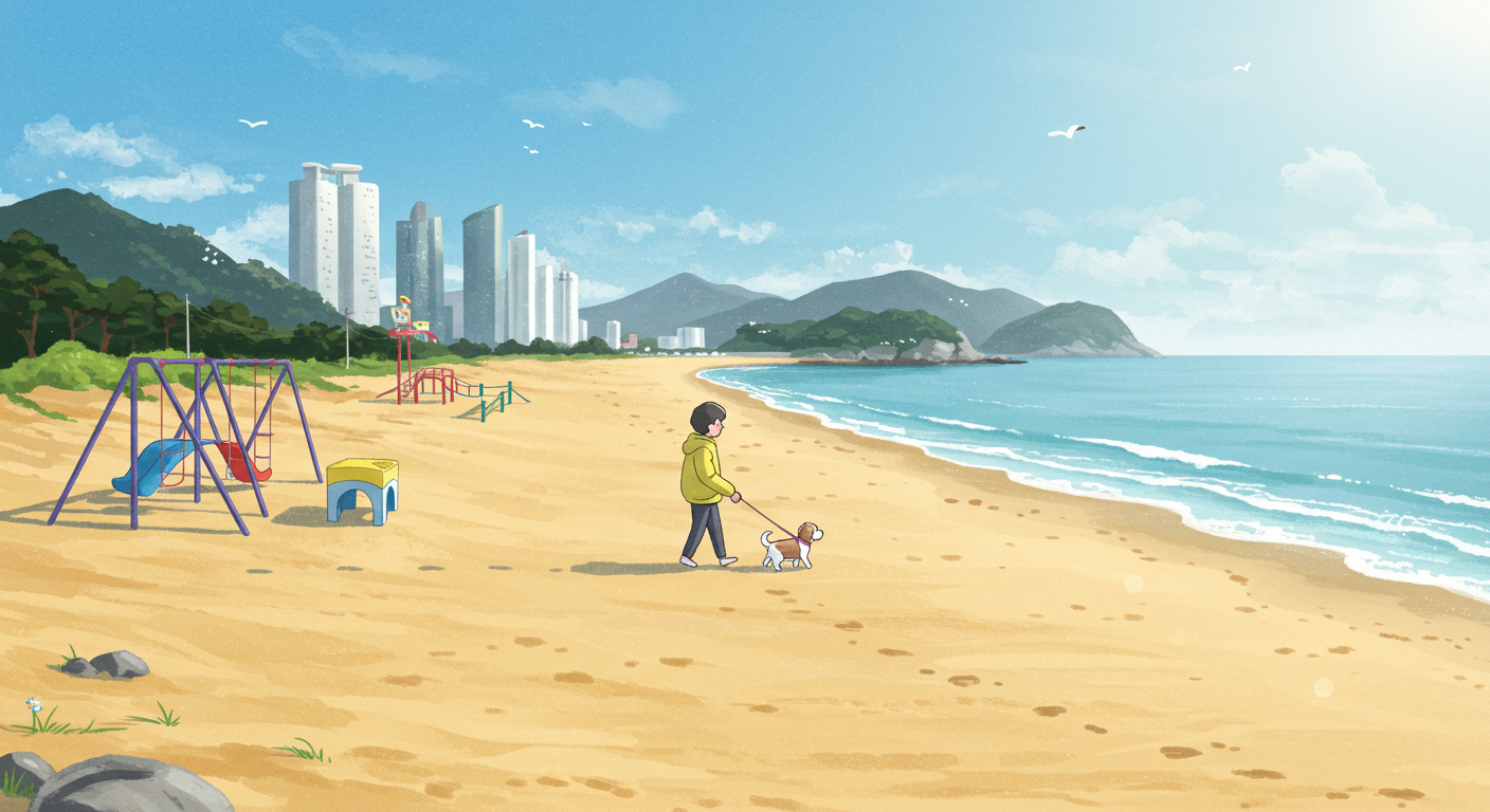 부산 다대포 해변에서 반려견과 함께 산책하고 있는 따뜻한 장면