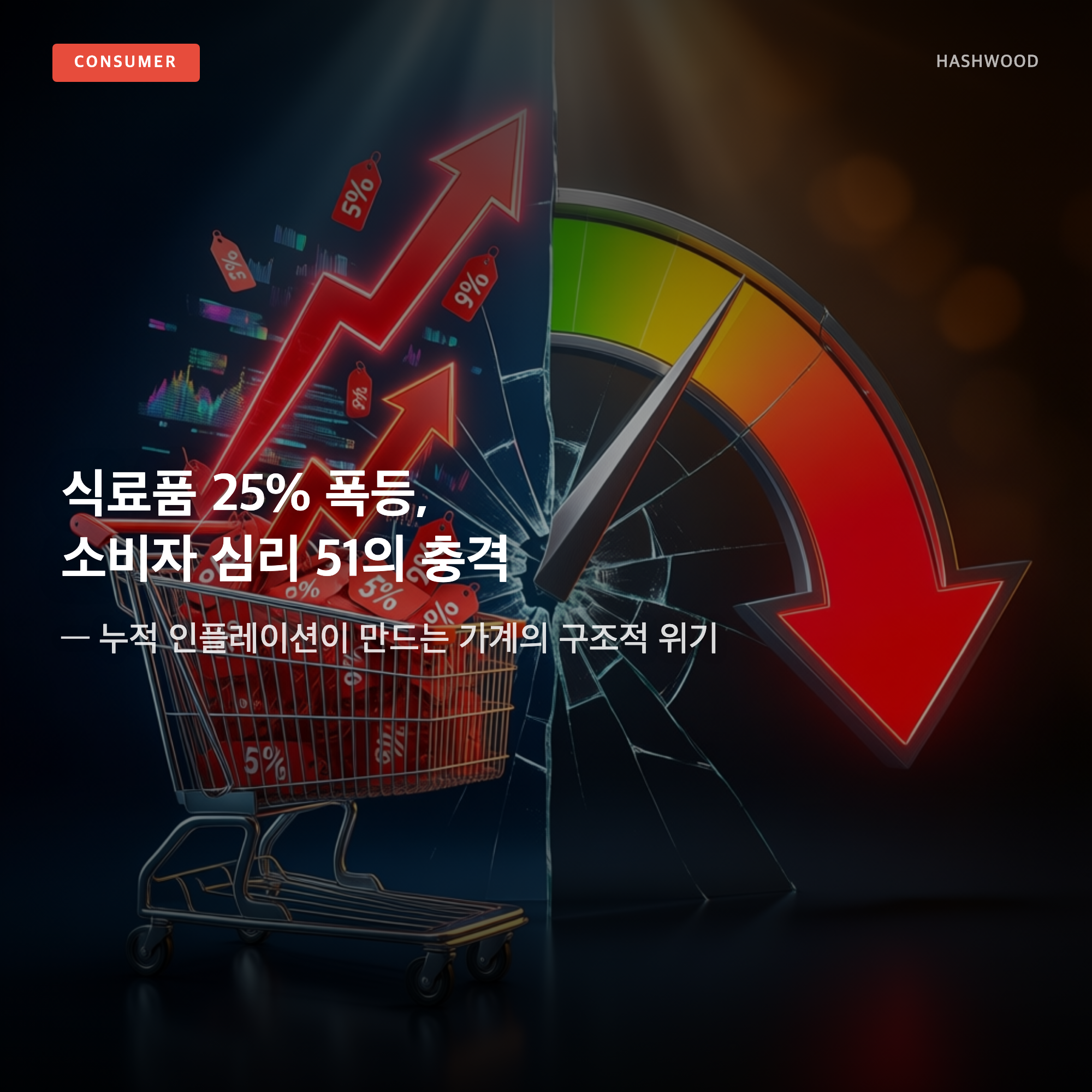 그림: 식료품 25% 폭등, 소비자 심리 51의 충격 — — 누적 인플레이션이 만드는 가계의 구조적 위기