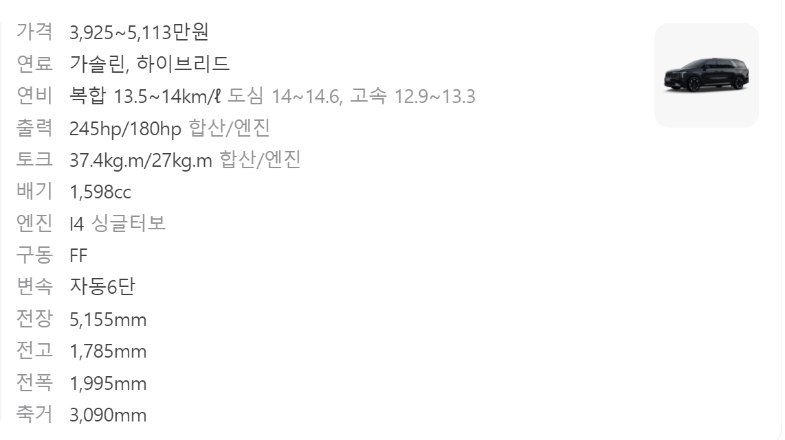 기아 카니발 하이브리드 제원