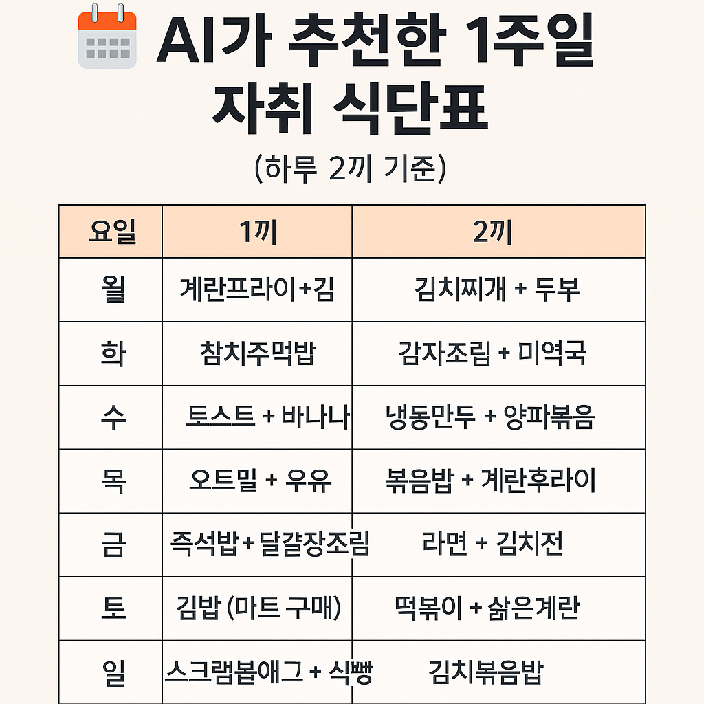 📅 AI가 추천한 1주일 자취 식단표 (하루 2끼 기준)