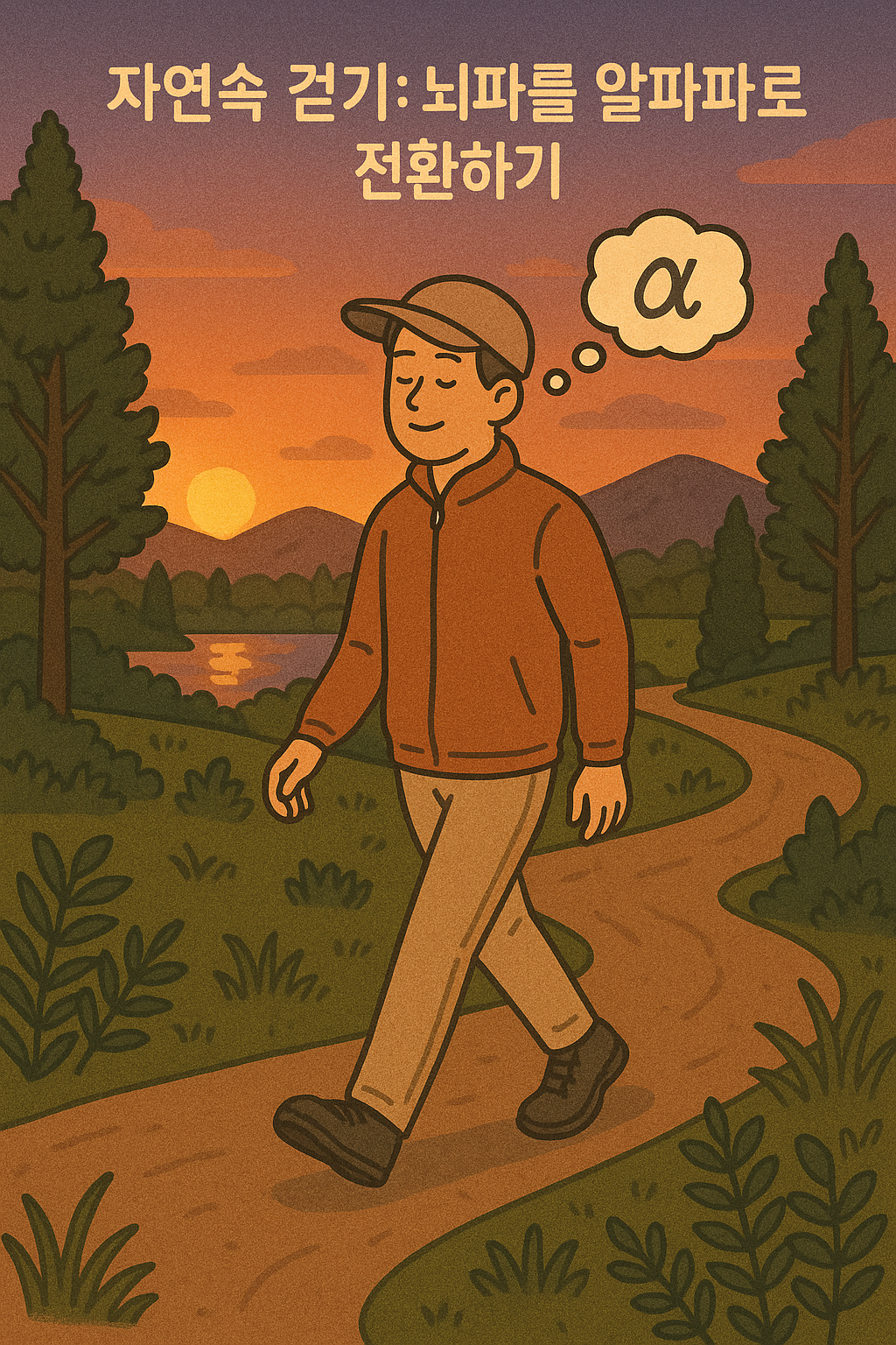 석양이 지는 시간에 숲속길을 웃으며 걷고 있는 남자