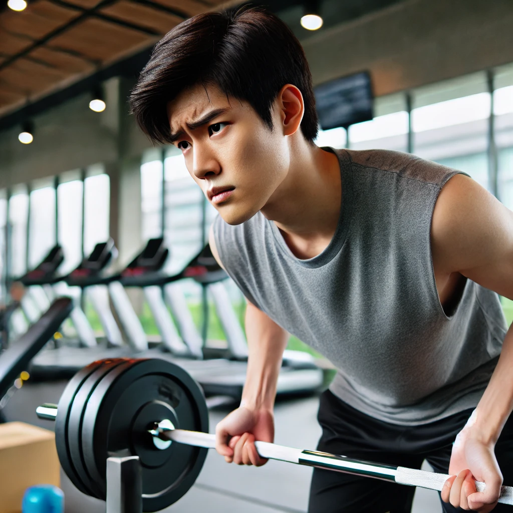 헬스장에서 나쁜 자세로 무거운 무게를 들며 고통스러운 표정을 짓는 젊은 남성