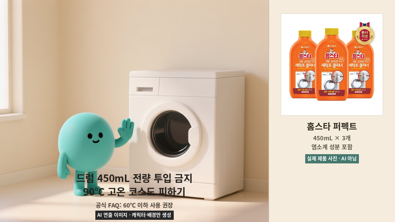드럼세탁기 과다 투입과 90도 고온 사용 주의를 설명한 이미지