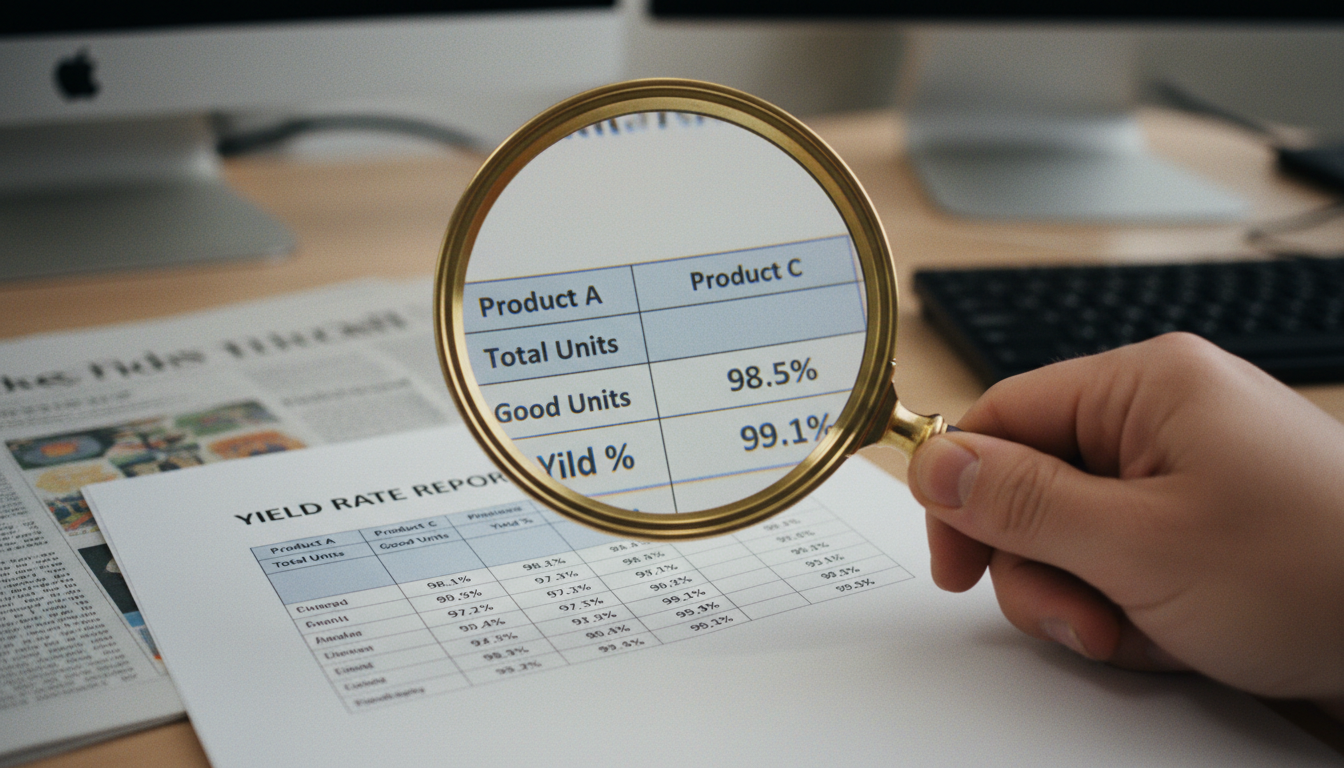 '수율 보고서(Yield Rate Report)'라는 제목의 문서 위로 돋보기가 들려 있는 클로즈업 샷. 초점은 텍스트와 데이터에 맞춰져 있다. 배경은 흐릿한 사무실 책상과 경제 신문들. 고해상도, 사실적인 질감.