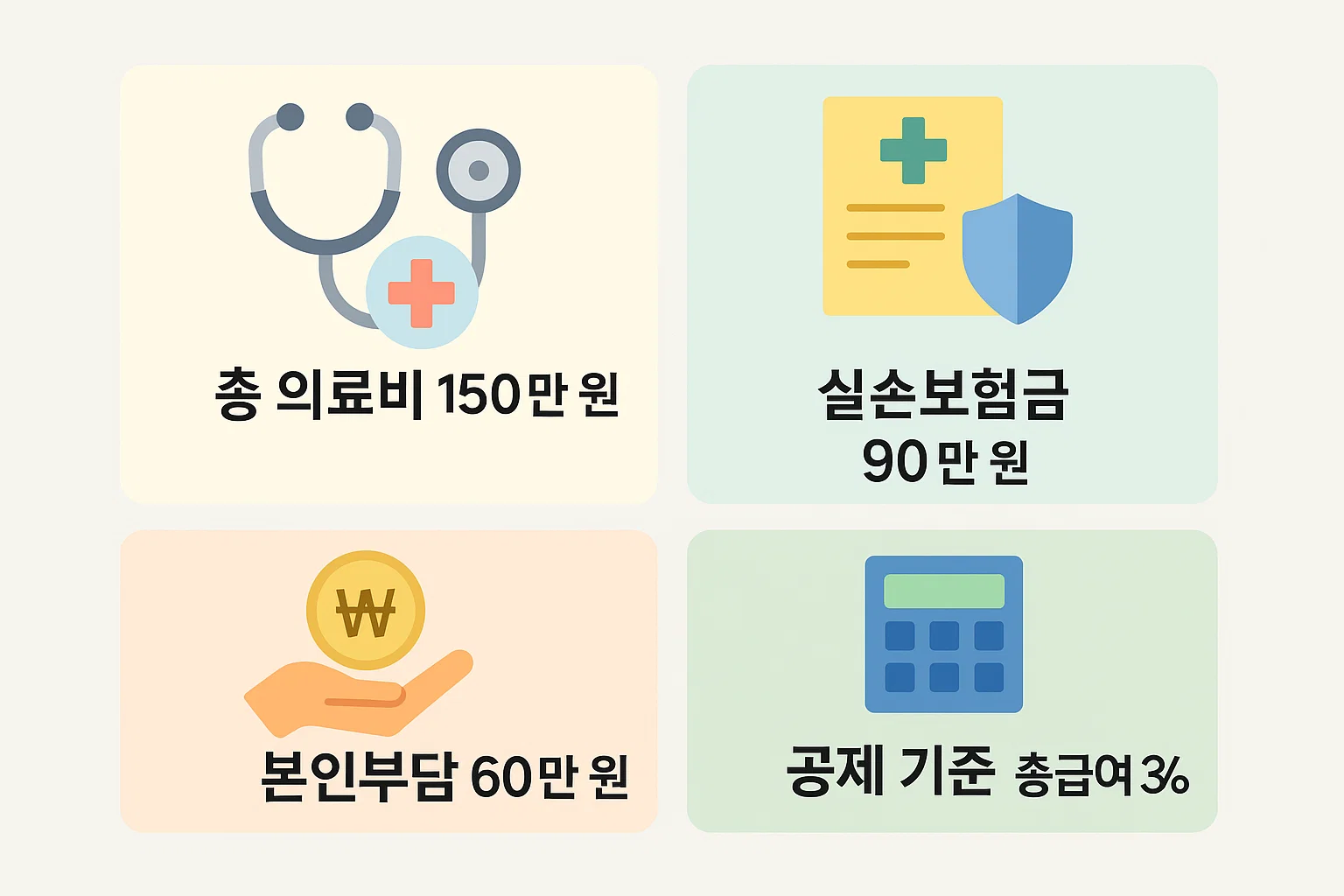 총 의료비·실손보험금·본인부담금·공제기준을 실제 수치로 계산해 이해를 돕는 2025년 실전 예시 인포그래픽