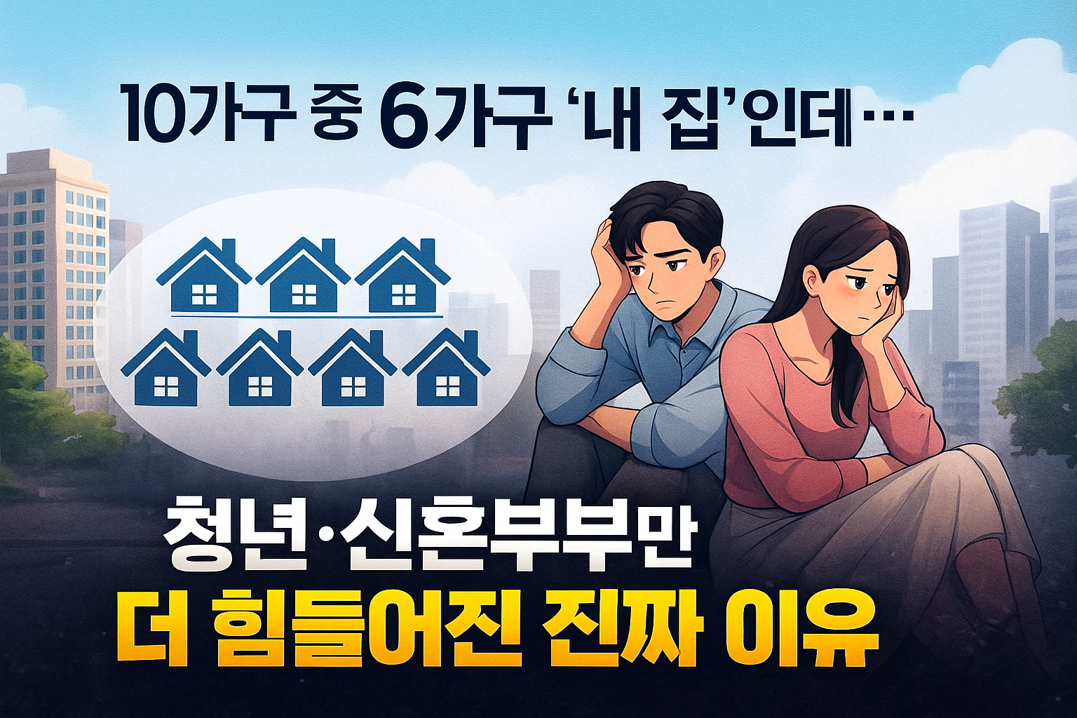 “10가구 중 6가구가 자가인데 청년·신혼부부만 주거 환경이 악화된 상황을 표현한 썸네일 이미지. 아파트 단지 배경과 함께 좌절한 표정의 청년 남녀가 앉아 있는 일러스트.”