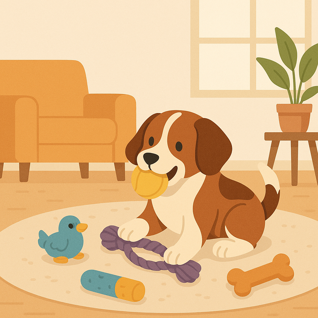 여러가지 장남감 앞에서 놀고있는 강이지 이미지(일러스트)