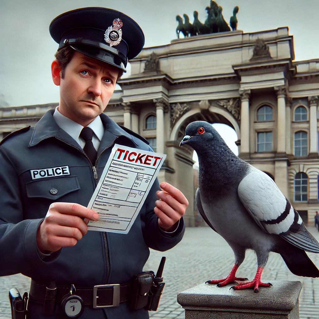 유럽의 한 광장에서 경찰관이 벌금 고지서를 들고 진지하게 비둘기에게 티켓을 발부하는 모습. 비둘기는 무심한 표정을 짓고 있으며, 배경은 역사적인 기념물과 광장이 있는 도시 풍경.