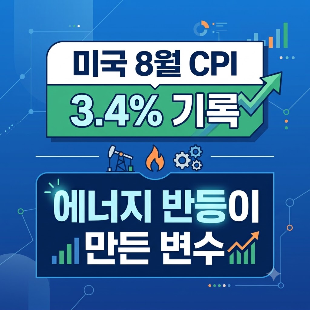 '미국 8월 CPI 3.4% 기록, 에너지 반등이 만든 변수'라는 문구와 상승 그래프, 에너지 아이콘이 포함된 푸른색 배경의 경제 뉴스 인포그래픽 이미지.