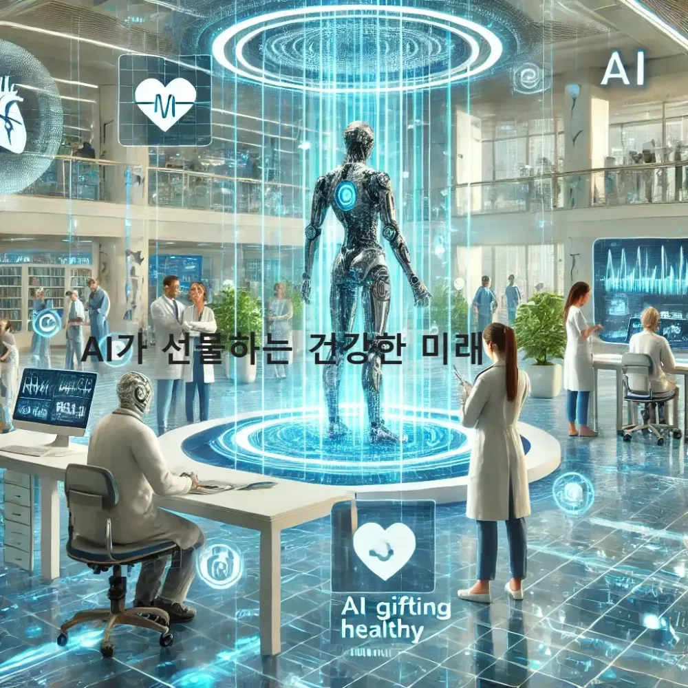 AI와 의료 기술이 통합된 미래 병원의 모습. 중앙에 서 있는 AI 로봇과 주변에서 협력하는 것을 통해 AI가 선두하는 미래를 상징적으로 표현한 이미지.