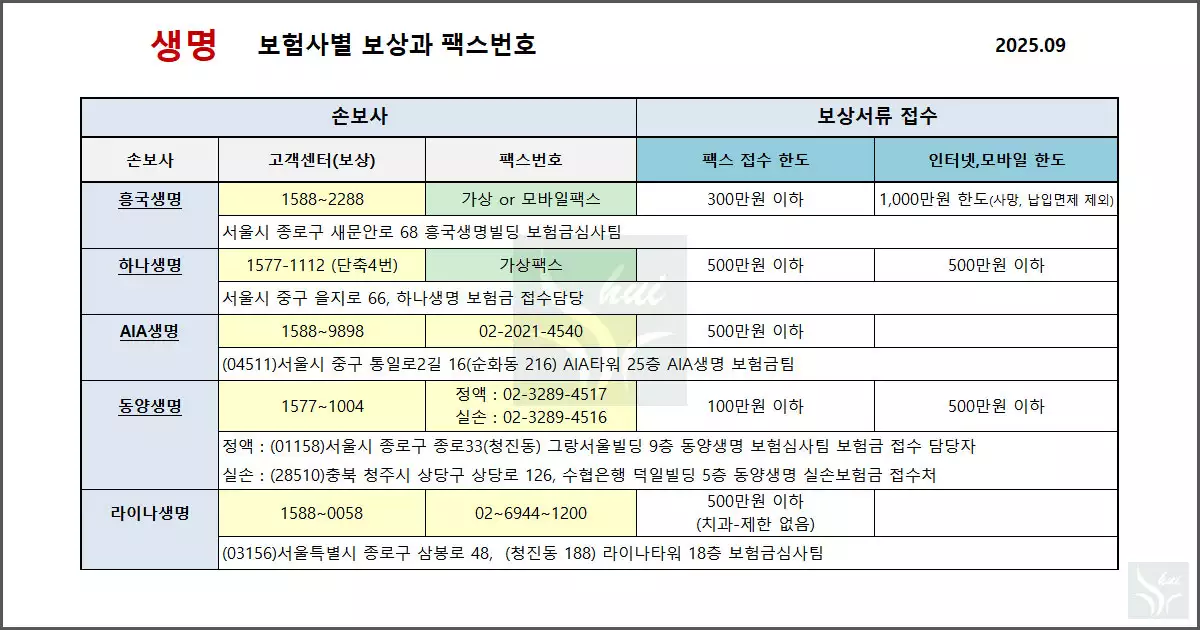 생보사 보상과 고객센터, 팩스, 주소, 접수한도 정리 (흥국, 하나, AIA, 동양, 라이나)